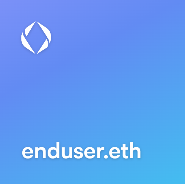 A blue gradient background features a white Ethereum-style diamond logo at the top with the text 'enduser.eth' displayed at the bottom.