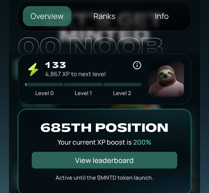 A digital dashboard interface shows tabs for "Overview," "Ranks," and "Info," displaying 133 XP (Level 0), a progress bar to Level 2, and a "685TH POSITION" rank with a "200%" XP boost and a sloth profile picture.