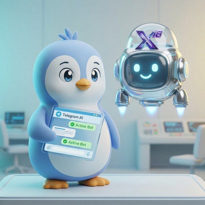 A 3D-rendered penguin mascot holds a phone displaying a 'Telegram AI' chat with two 'Active Bot' messages, standing beside a small hovering robot with 'X' on its head.
