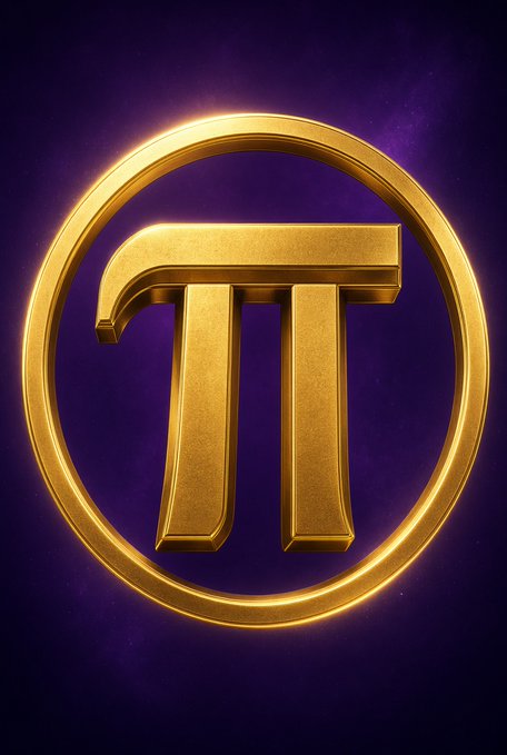 A golden, 3D-rendered symbol of the mathematical constant Pi (π) inside a glowing circle against a dark purple background.