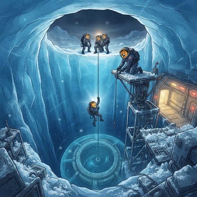 A digital illustration depicting astronauts in spacesuits rappelling down into a deep icy crevasse toward a glowing blue circular structure, with one astronaut watching from a platform.