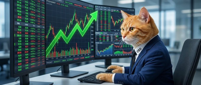 An orange tabby cat in a navy "CEO" suit confidently works at a multi-monitor trading station, where green candlestick charts and a rising arrow display bullish market gains. The playful imagery humorously aligns with the post's boast that "Nascat" will demonstrate trading success, tying the meme's confident feline CEO to the bullish market performance.