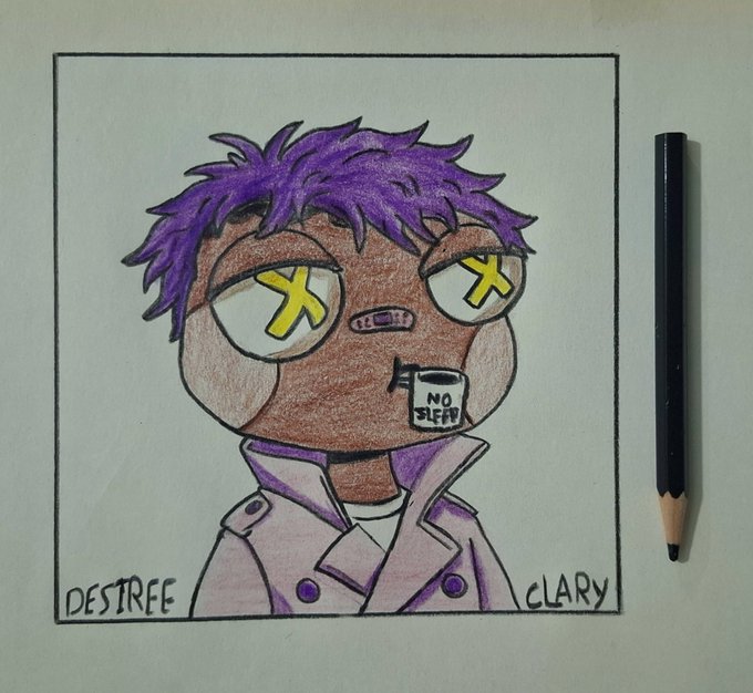 A colored pencil drawing of a cartoon character with purple hair and X-shaped eyes, holding a mug labeled 'NO SLEEP', with the artist signatures 'DESTREF' and 'CLARY'.