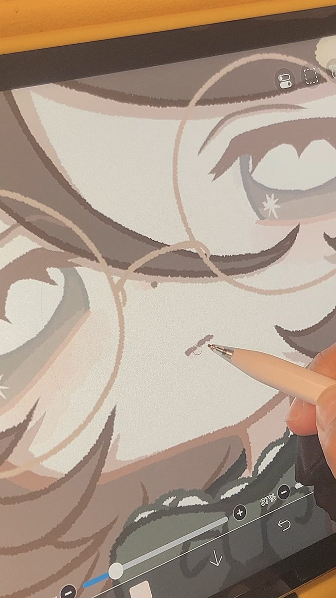 A hand uses a stylus to digitally paint a soft-toned anime-style illustration featuring large expressive eyes and flowing hair on a tablet, with the brush size displayed at 67%. The "#commission" tag suggests this artwork is being created as a paid client piece.