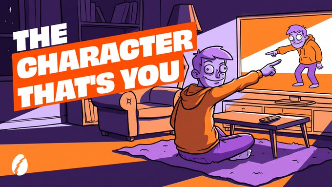 An illustrated image shows a person sitting on a rug in a living room, pointing at a TV screen where a cartoon version of themselves appears to be pointing back, with bold text reading "THE CHARACTER THAT'S YOU." The playful scene ties into the campaign's theme of identifying with a fictional character, visually capturing that humorous "this is literally me" moment.