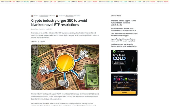 A news article titled 'Crypto industry urges SEC to avoid blanket novel ETF restrictions' by Zoltan Török, dated Sept 2, 2026, featuring an illustration of a gold coin character with arms and legs over a background of stock certificates.