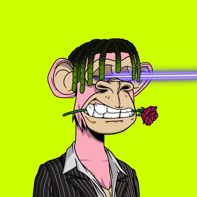 A cartoonish illustration of an ape-like character with green braided hair wearing a pinstripe suit, grinning while holding a red rose in its teeth and emitting blue laser beams from its eyes against a bright green background.