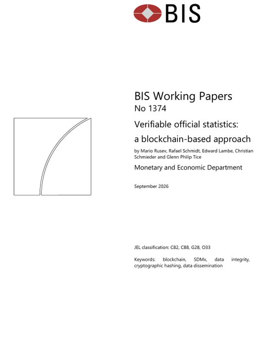 The cover page of BIS Working Papers No 1374 titled 'Verifiable official statistics: a blockchain-based approach' by Mario Rusev et al., dated September 2026.
