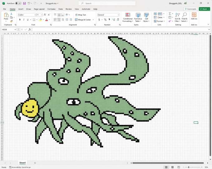 A screenshot of Microsoft Excel displaying pixel art of a green octopus with a yellow smiley face, drawn using the cells of a spreadsheet grid.