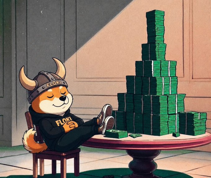 A cartoon Shiba Inu wearing a viking helmet and a "FLOKI" hoodie lounges with feet up next to a massive pyramid of stacked green cash, visually conveying the bullish "$FLOKI knows what's coming" message through imagery of impending wealth.