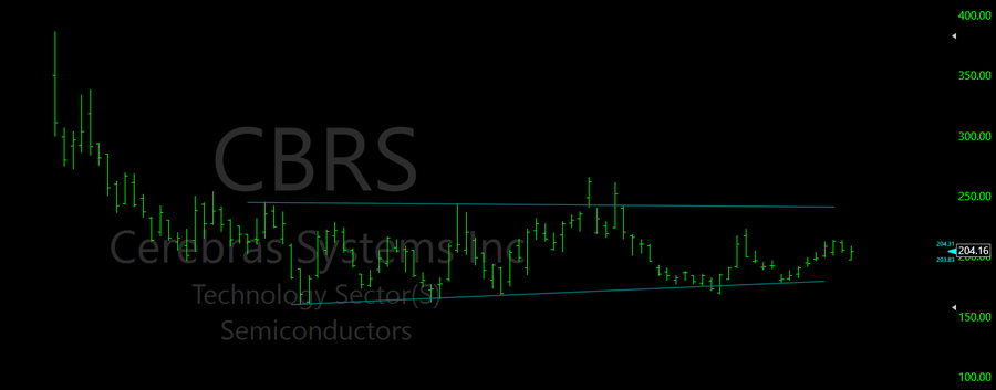 A stock chart for Cerebras Systems Inc (CBRS) in the Technology Sector - Semiconductors shows the price at $204.16, displaying a downward trend over time with prices ranging from approximately $100 to $400.