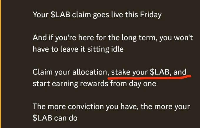 A promotional graphic with a dark background and orange border reads about a $LAB claim going live Friday, with text emphasizing staking $LAB to earn rewards from day one.