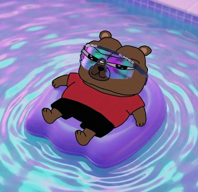 A cartoon bear wearing a red shirt, black shorts, and sunglasses labeled "SOLANA" and "SUMMER" lounges on a purple pool float in shimmering blue water, perfectly capturing the laid-back "comfy" vibe of the $BOBO post.