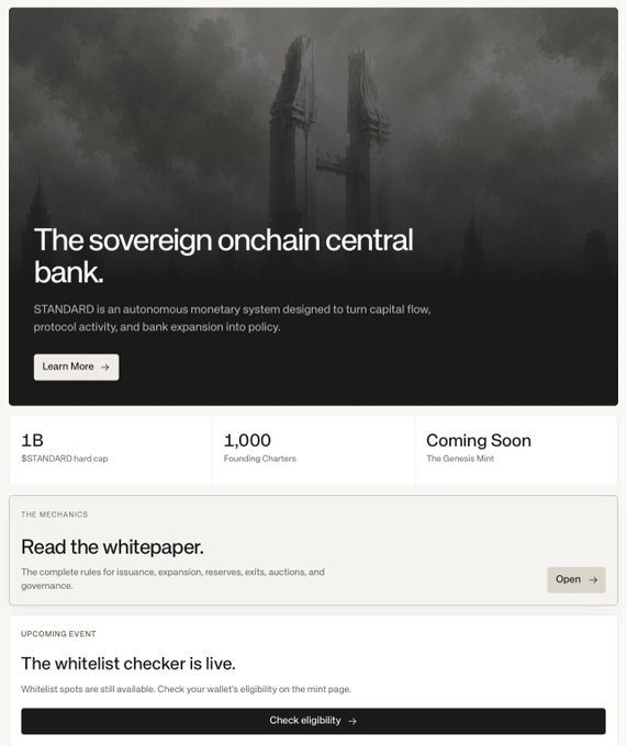 The image is a promotional landing page for STANDARD ($STANDARD), described as "the sovereign onchain central bank" — an autonomous monetary system with a 1B hard cap, 1,000 founding charters, and an upcoming Genesis Mint. It aligns with the post highlighting $STANDARD as a potential project from dev @0xbeans (Abstract team) with notable backing from Robinhood's head of product.