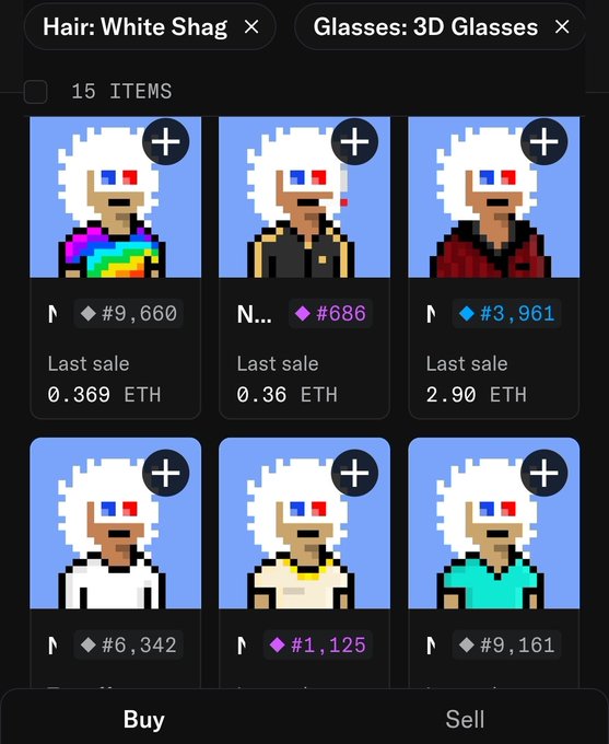 A digital collectibles marketplace displaying six pixel-art avatar NFTs with 'White Shag' hair and '3D Glasses', with last sale prices ranging from 0.36 to 2.90 ETH and Buy/Sell options at the bottom.