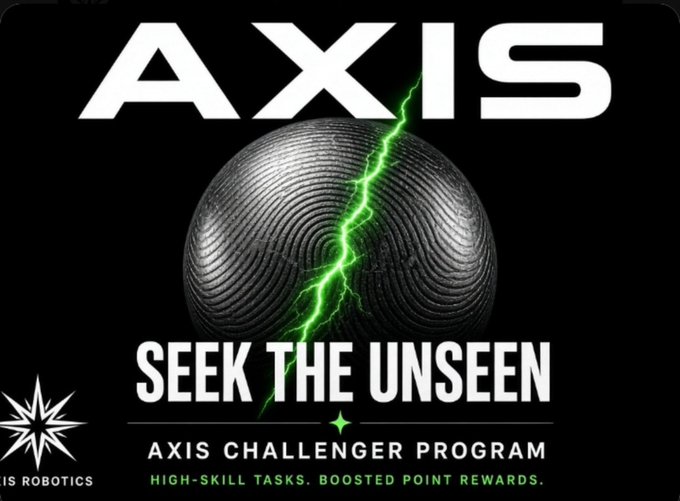 A promotional graphic features a metallic sphere with a fingerprint pattern being struck by green lightning, with text reading "AXIS", "SEEK THE UNSEEN", and "AXIS CHALLENGER PROGRAM."