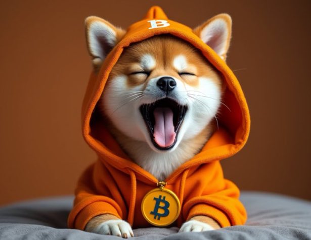 AI-generated image of a smiling Shiba Inu dog wearing an orange hoodie with a Bitcoin 'B' coin necklace.