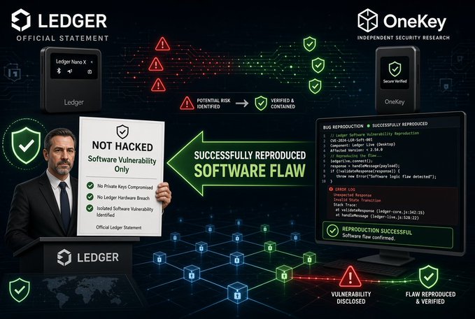 A graphic showing a Ledger Official Statement and a OneKey bug reproduction log, with a spokesperson holding a sign reading "NOT HACKED — Software Vulnerability Only," claiming no private keys compromised and no Ledger hardware breach, while a code snippet and "VULNERABILITY DISCLOSED" / "FLAW REPRODUCED & VERIFIED" tags illustrate the identified software flaw (a TOCTOU display issue) that OneKey reproduced.