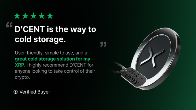 A five-star customer testimonial praises D'CENT as "the way to cold storage," highlighting it as a "great cold storage solution for my XRP" and recommending it for taking control of crypto, shown alongside the D'CENT hardware wallet and a "XRP READY" dog tag. The endorsement reinforces the post's observation that D'CENT wallets are gaining traction among altcoin holders like $FLR investors seeking secure storage solutions.