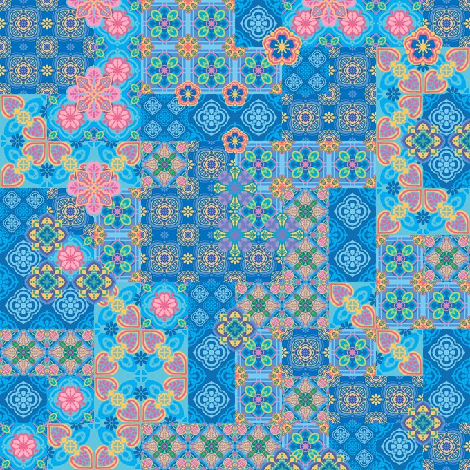 A vibrant, symmetrical decorative pattern featuring blue geometric backgrounds with pink flowers, hearts, and gold ornamental designs.