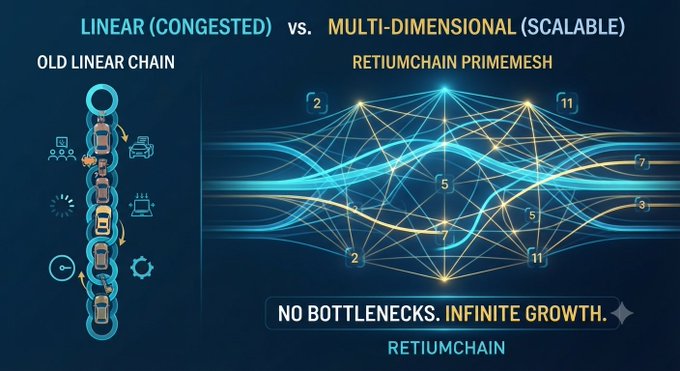 A promotional graphic for Retiumnchain comparing 'Linear (Congested)' Old Linear Chain versus 'Multi-Dimensional (Scalable)' Retiumnchain PrimeMesh with the tagline 'No Bottlenecks. Infinite Growth.'