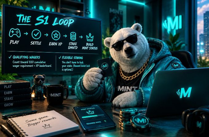 The image features a cool bear mascot in sunglasses and a "MINT" jacket holding a card, set in a neon-lit cyberpunk workspace alongside a laptop, phone, and stacks of coins. A prominent "THE S1 LOOP" flowchart illustrates the cycle: Play → Settle → Earn XP → Stake $MNTD → Build MINT Status, with notes on "Qualifying Wagers" (count toward $50 cumulative wager requirement + XP leaderboard) and "Flexible Staking." The visuals directly reinforce the post's message by diagramming the loop most people miss—showing how gameplay, XP, and staking $MNTD combine to build MINT Status and unlock bigger rewards.