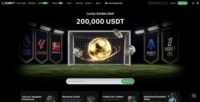 The image shows the OurBit cryptocurrency exchange website promoting a "Lucky Golden Ball" event with a 200,000 USDT prize pool, featuring a soccer goal with a golden ball and banners for major football leagues (Premier League, LaLiga, Bundesliga, Serie A, Ligue 1). The accompanying post jokes about needing this website to unlock the prize money "stuck inside your computer," humorously framing the promotional giveaway as a way to extract hidden value through sign-up.