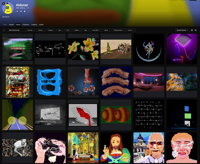 Screenshot of Aldover (@aldover.tv) profile page showing a grid of diverse digital artworks including glitch art, 3D renders, religious paintings, and abstract pieces in the Collections tab.