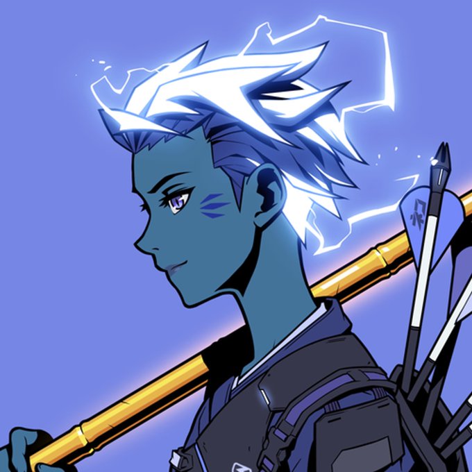 An anime-style illustration shows a blue-skinned character with spiky white hair and lightning-like energy crackling around them, carrying arrows and a staff on their back. The image serves as the profile artwork for the Azuki Elementals NFT #12337, which sold for 0.37 ETH on OpenSea as noted in the post.