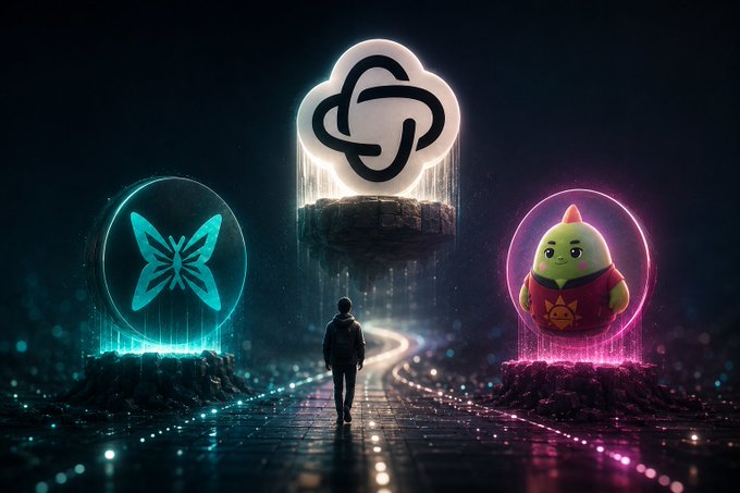 The image features a man walking down a path with three different objects around him, including a butterfly, a bird, and a floating island. The man appears to be following a trail that leads towards an unseen destination. In the background, there is a pink bubble surrounded by blue lights, which adds a sense of mystery and intrigue to the scene. The image also includes text that reads "Came in for @NucleusCodes. Left with @Sleepagotchi and @quipnetwork on my radar. Three different projects, one shared experience." This suggests that the man is exploring various projects or interests related to the topics of sleep, technology, and gaming.