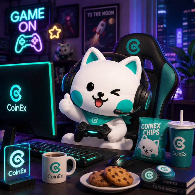 A 3D rendered CoinEx brand mascot, a white cat character with headphones, gaming at a desk surrounded by neon signs, snacks, and a "TO THE MOON" poster.