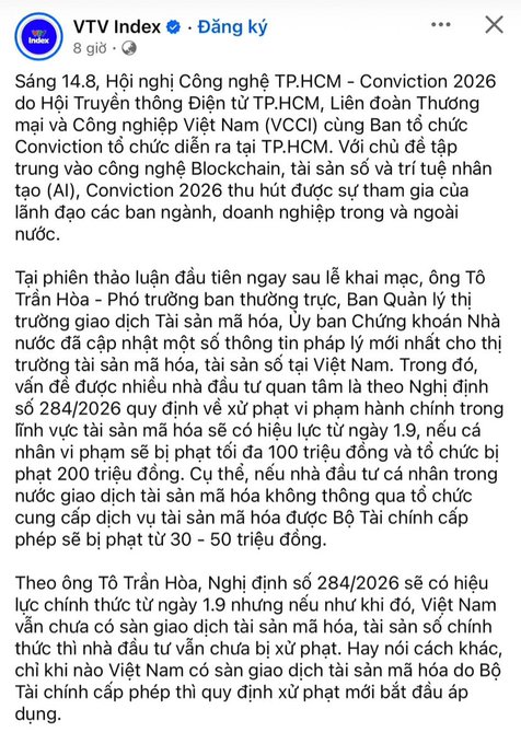 A Vietnamese article by VTV Index discussing Conviction 2026 hosted by the Ho Chi Minh City Communication and Electronics Association and VCCI, covering topics on Blockchain, digital assets, AI, and Decree 284/2026 regarding cryptocurrency regulations in Vietnam.