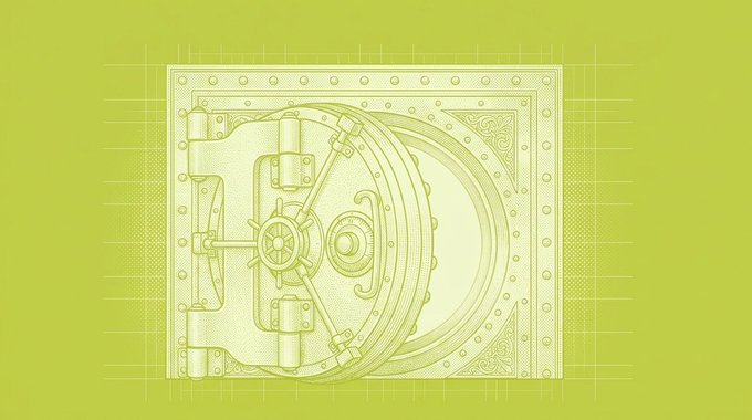 A monochromatic yellow-green illustration features the detailed face of a vintage bank vault door.