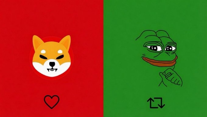 A split image showing the Shiba Inu ($SHIB) dog logo on a red background with a heart icon, alongside the Pepe the Frog ($PEPE) meme on a green background with a repost icon, prompting viewers to like for SHIB or repost for PEPE.