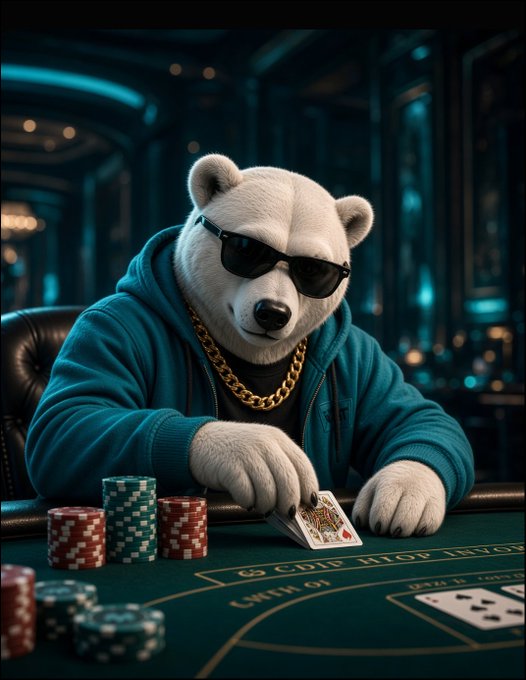 An AI-generated image of a white bear wearing sunglasses, a gold chain, and a teal hoodie, sitting at a poker/casino table holding playing cards next to stacks of chips.
