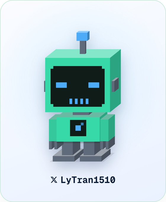 A pixel-art style mint-green robot with glowing blue eyes and a small antenna stands centered on a white background, with the text "𝕏 LyTran1510" displayed below it. The digital collectible's design mirrors the post's theme of unique, utility-driven blockchain-based bots, representing the kind of character-based NFT avatars gaining purpose beyond simple collecting.