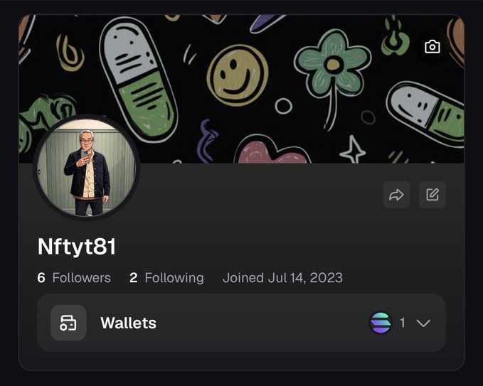 Social media profile for 'Nftyt81' showing 6 followers, 2 following, joined July 14, 2023, with a doodle-themed banner and profile photo of a person drinking from a glass.