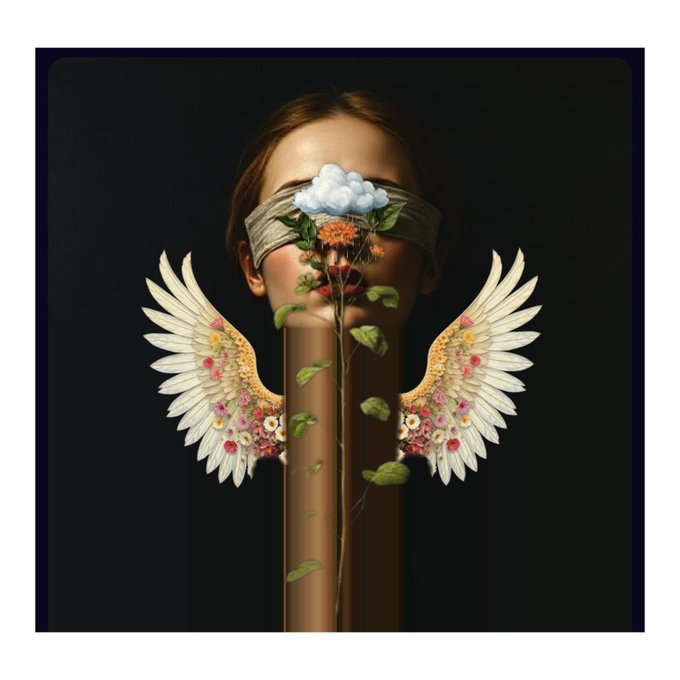 A woman stands with a blindfold over her eyes, adorned with angel wings made of flowers and a cloud floating above her head, embodying "The Silence of the Angels" as she holds a flower stem—reflecting the caption's theme of divine silence and compelled belief. No text, numbers, or tickers are visible in the image itself.
