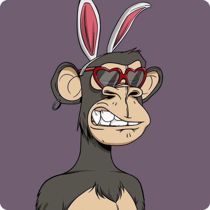 A digital illustration of a cartoon monkey wearing bunny ears and heart-shaped red sunglasses, grinning widely against a purple background.