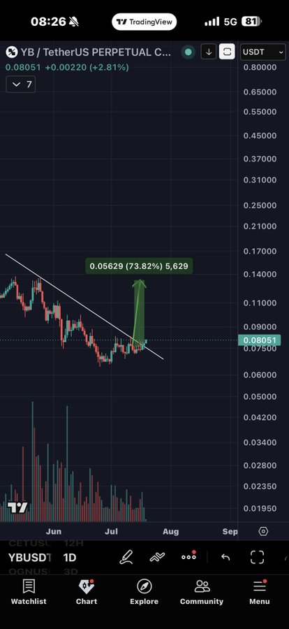 A TradingView chart of YB/USDT Perpetual shows the token trading at 0.08051, up 2.81% (+0.00220), with a green annotation projecting a 73.82% rally to a target of 0.05629, visualizing the bullish momentum referenced in the "#YB + 10% in 8 hours" post.