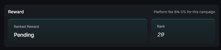 A dark-themed UI panel showing a "Reward" section with "Ranked Reward: Pending" and "Rank: 29", noting "Platform fee 5% 0% for this campaign".