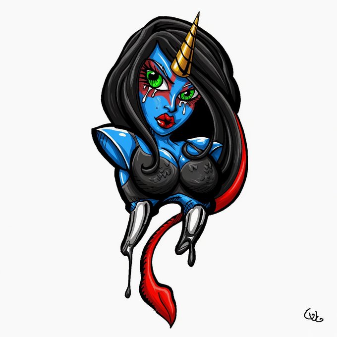 A stylized illustration of a blue-skinned unicorn female character with a golden horn, long black hair, green eyes, a red tail, and a black top.