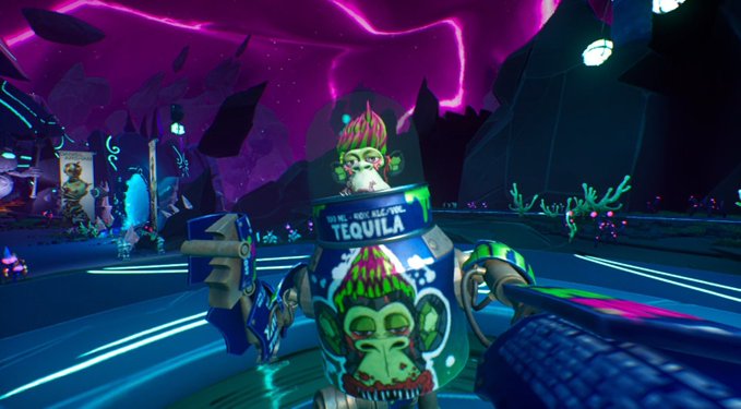 The image features a cartoon robot with a green head, wearing a helmet that has a skull design on it. The robot appears to be holding a can of tequila while riding a motorcycle or driving a car. There are also other elements in the scene such as mountains and buildings, suggesting an urban setting. The post about the rewards section is located below the image, with a caption encouraging users to click on the provided link for more information.
