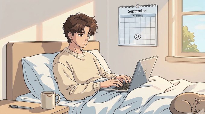 An anime-style illustration of a young man with brown hair using a laptop while sitting in bed, with a September calendar on the wall highlighting Wednesday the 23rd.