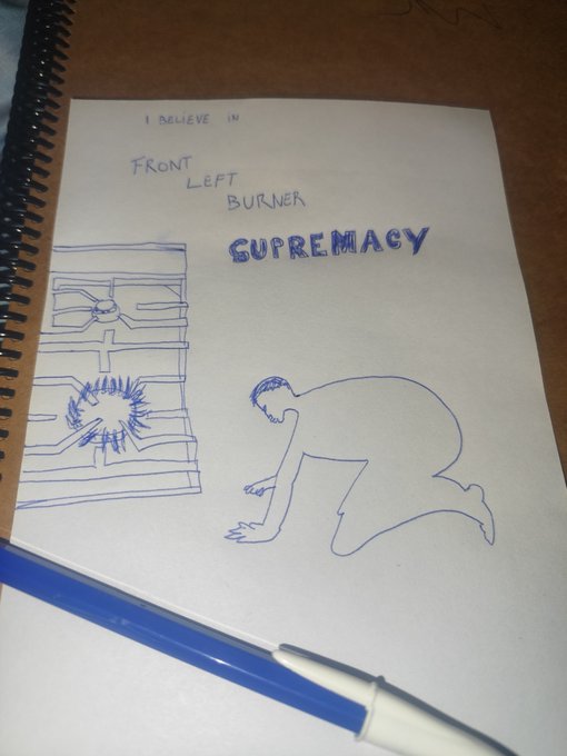 A hand-drawn illustration in blue ink on a spiral notebook reads "I BELIEVE IN FRONT LEFT BURNER SUPREMACY" and depicts a person crawling toward a stove's front left burner. The comedic sketch aligns with the post's hint to mint it before tomorrow's "schematics."