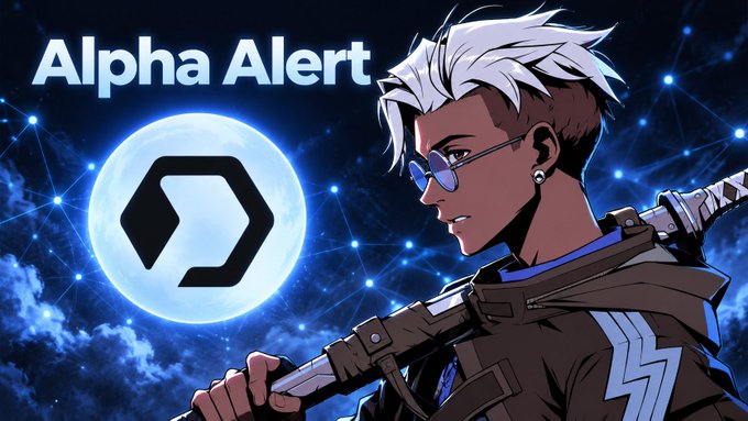 An animated illustration featuring a character with white hair and sunglasses holding a sword, alongside the text 'Alpha Alert' and a logo against a cosmic blue background.
