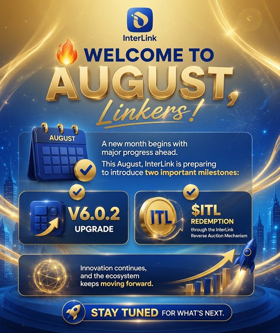 A promotional graphic from InterLink welcoming viewers to August, featuring a blue and gold design with the InterLink logo, a calendar icon, and two highlighted milestones: the V6.0.2 Upgrade and the $ITL Redemption through the InterLink Reverse Auction Mechanism. The image visually reinforces the post's announcement of two major August releases focused on transparent on-chain SME performance and community-led redemption.