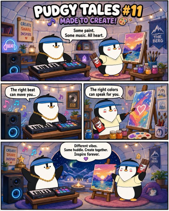 A comic strip titled 'PUDGY TALES #11 MADE TO CREATE!' featuring penguin characters, one playing a keyboard/synthesizer and another painting on a canvas with a heart, with dialogue bubbles like 'Some paint. Some music. All heart.'