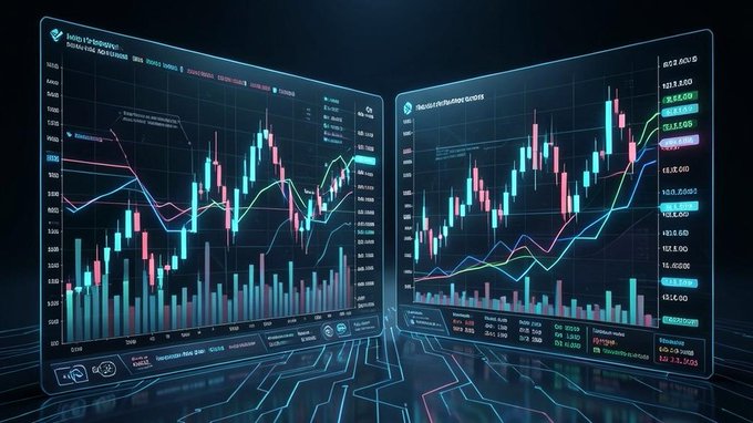 Two angled digital screens display colorful stock market candlestick charts with overlaid trend lines, price data, and trading indicators against a dark, circuit-board patterned background.
