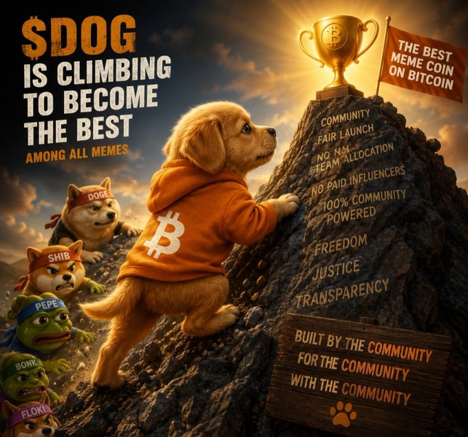 A promotional image for a meme coin called $DOG, featuring a dog in a Bitcoin hoodie climbing a mountain toward a golden Bitcoin trophy, with text reading "$DOG IS CLIMBING TO BECOME THE BEST AMONG ALL MEMES" and "THE BEST MEME COIN ON BITCOIN."